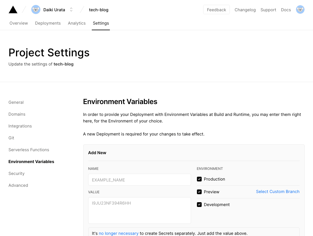 [Vercel] Settings > Environment Variables