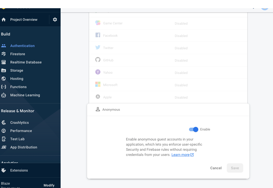 firebase authentication enable anonymous user